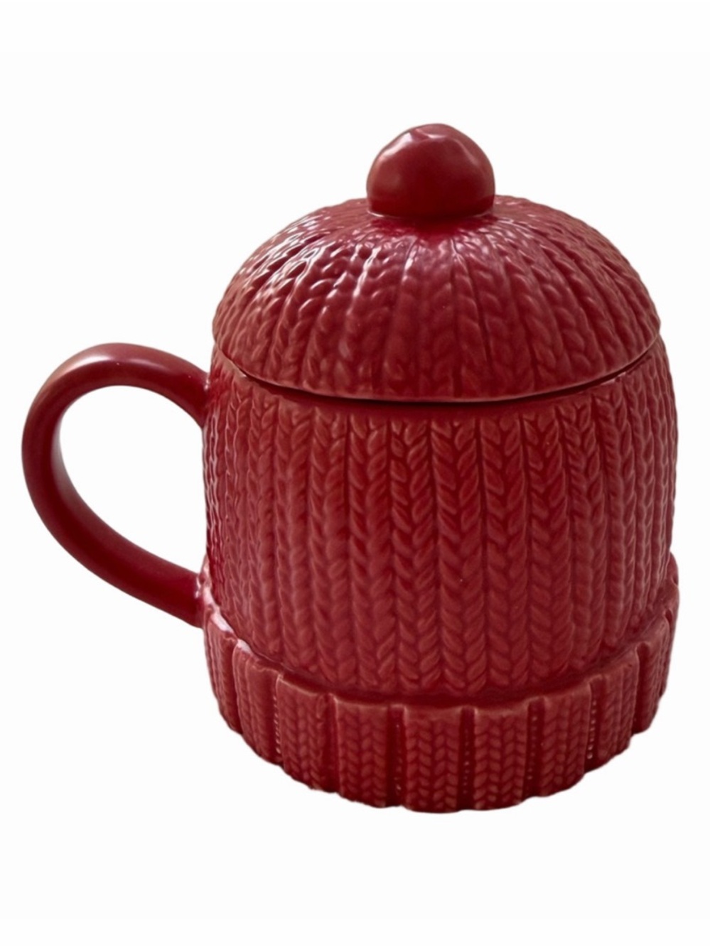 West Elm Red Stoneware Knit Ski Cap Hat Hot Chocolate Coffee Mug w/ Lid EUC